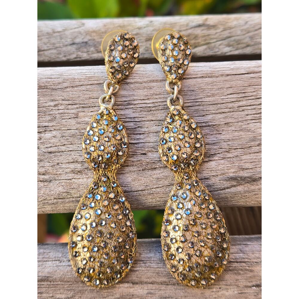 Vintage Roni Blanshay Golden Shadow Mesh & Crystal Drop Statement Earrings